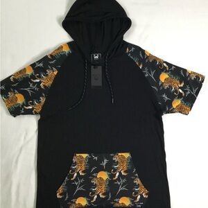 WXYZ Men’s Short Sleeve Hoodie Tiger Print Pocket Black Size XL 100% Cotton